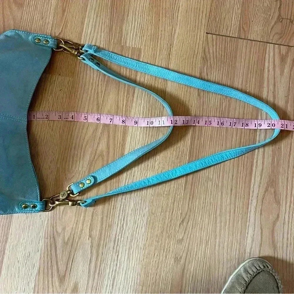 HOBO blue suede leather shoulder wrist bag with gold hardware removable straps - Picture 9 of 13